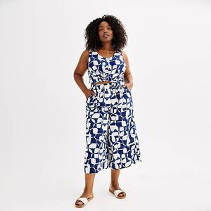 Sonoma Linen Blend Wide Leg Cropped Pants Womens 2X Blue Geometric Lagenlook NEW